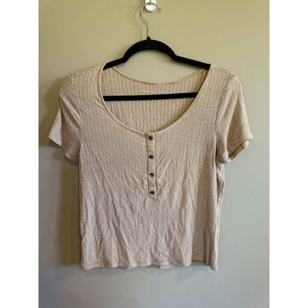 American Eagle Women's Striped Ribbed Henley Short Sleeve Top